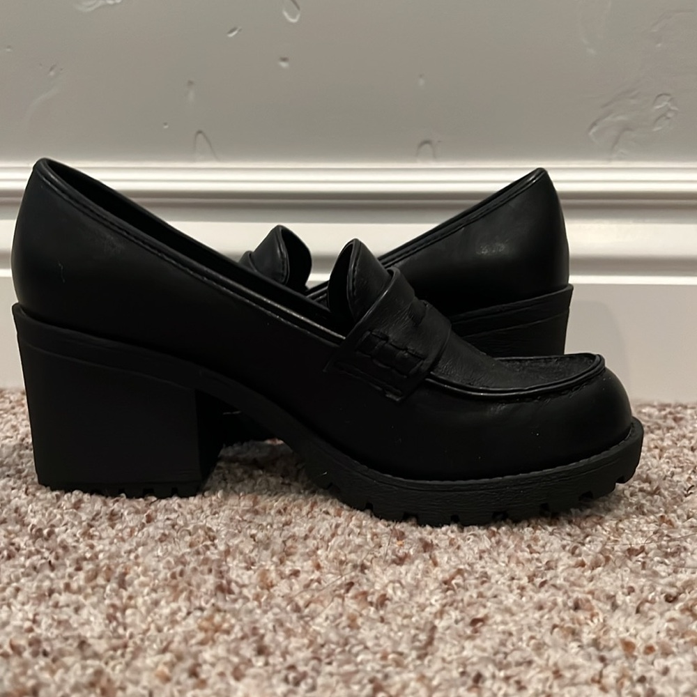 Soda. Black, chunky heeled loafers